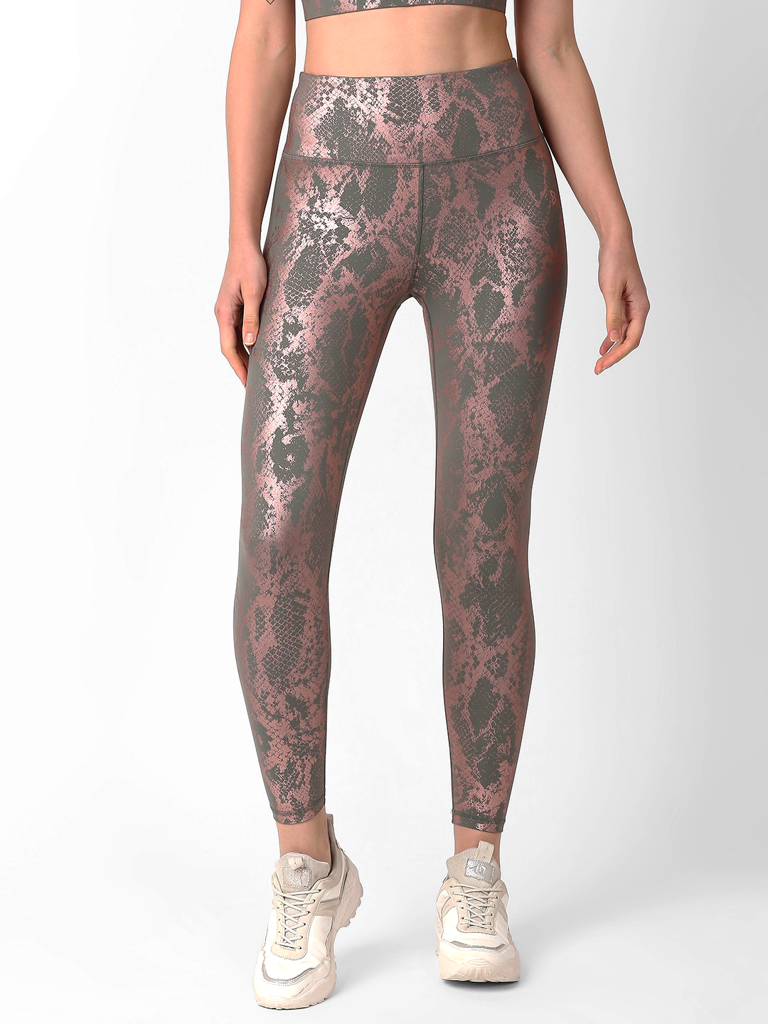 Grey And Rose Gold Metallic Snakeskin High Rise Leggings BODD ACTIVE